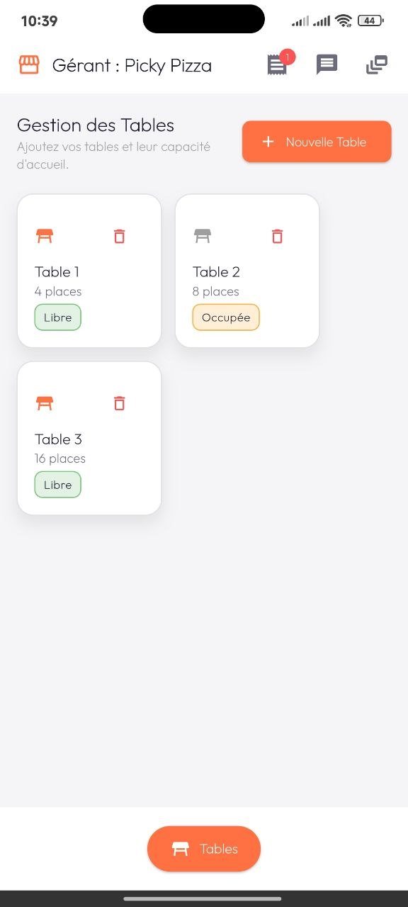 Écran de gestion des tables pour les restaurants partenaires de Graye
